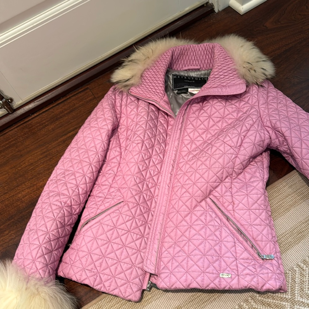 Metropolis Legacy pink Quilted real raccoon Fur Hood Coat  size 8